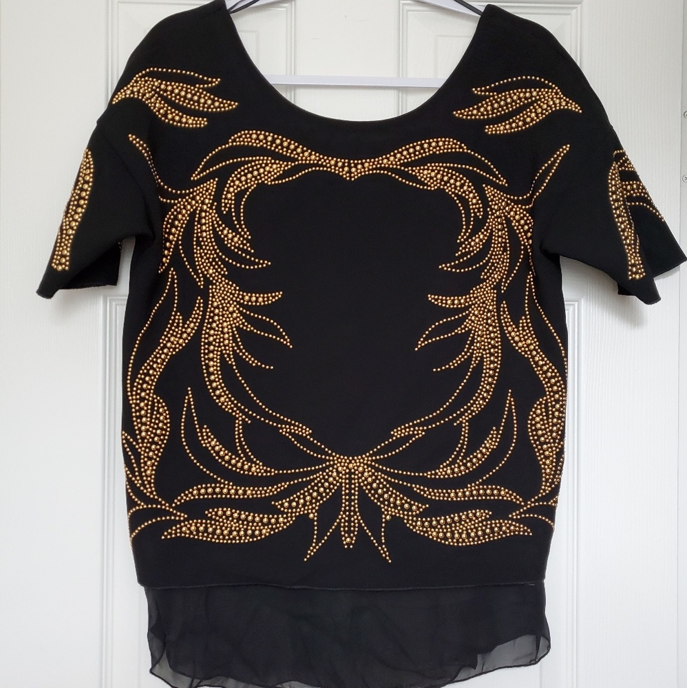 Zara Black Gold Studded Sheer Baroque Blouse Size Small